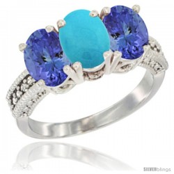 10K White Gold Natural Turquoise & Tanzanite Sides Ring 3-Stone Oval 7x5 mm Diamond Accent