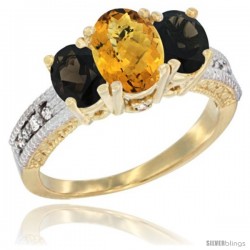 14k Yellow Gold Ladies Oval Natural Whisky Quartz 3-Stone Ring with Smoky Topaz Sides Diamond Accent