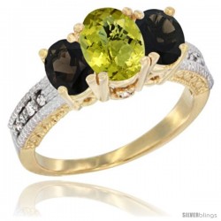 14k Yellow Gold Ladies Oval Natural Lemon Quartz 3-Stone Ring with Smoky Topaz Sides Diamond Accent