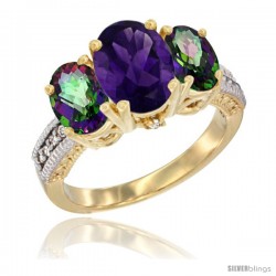 14K Yellow Gold Ladies 3-Stone Oval Natural Amethyst Ring with Mystic Topaz Sides Diamond Accent