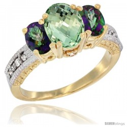 14k Yellow Gold Ladies Oval Natural Green Amethyst 3-Stone Ring with Mystic Topaz Sides Diamond Accent