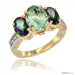 14K Yellow Gold Ladies 3-Stone Oval Natural Green Amethyst Ring with Mystic Topaz Sides Diamond Accent