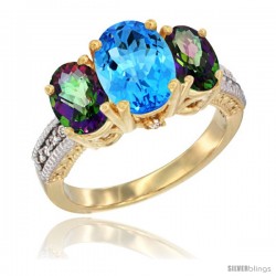 14K Yellow Gold Ladies 3-Stone Oval Natural Swiss Blue Topaz Ring with Mystic Topaz Sides Diamond Accent