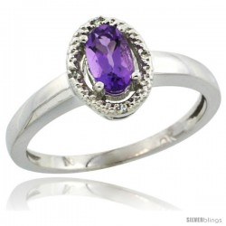 10k White Gold Diamond Halo Amethyst Ring 0.75 Carat Oval Shape 6X4 mm, 3/8 in (9mm) wide