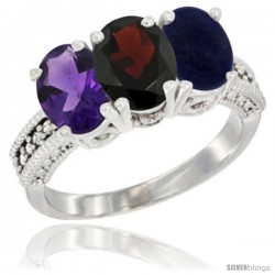 10K White Gold Natural Amethyst, Garnet & Lapis Ring 3-Stone Oval 7x5 mm Diamond Accent