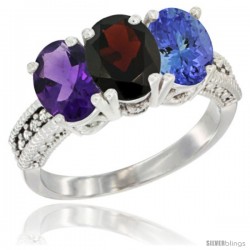 10K White Gold Natural Amethyst, Garnet & Tanzanite Ring 3-Stone Oval 7x5 mm Diamond Accent