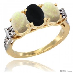 10K Yellow Gold Natural Black Onyx & Opal Sides Ring 3-Stone Oval 7x5 mm Diamond Accent