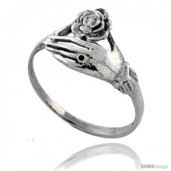 Sterling Silver Hand Holding Flower Ring 7/16 in wide