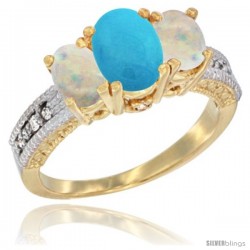 10K Yellow Gold Ladies Oval Natural Turquoise 3-Stone Ring with Opal Sides Diamond Accent