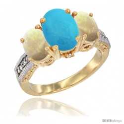 10K Yellow Gold Ladies 3-Stone Oval Natural Turquoise Ring with Opal Sides Diamond Accent