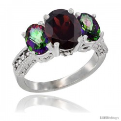 10K White Gold Ladies Natural Garnet Oval 3 Stone Ring with Mystic Topaz Sides Diamond Accent