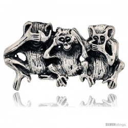 Sterling Silver Three Wise Monkeys Brooch Pin, 1 3/4 in (46 mm) wide