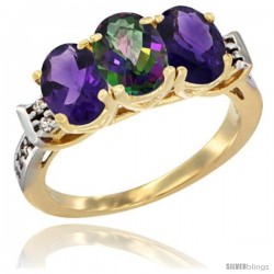 10K Yellow Gold Natural Mystic Topaz & Amethyst Sides Ring 3-Stone Oval 7x5 mm Diamond Accent