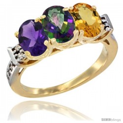 10K Yellow Gold Natural Amethyst, Mystic Topaz & Citrine Ring 3-Stone Oval 7x5 mm Diamond Accent