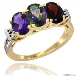 10K Yellow Gold Natural Amethyst, Mystic Topaz & Garnet Ring 3-Stone Oval 7x5 mm Diamond Accent