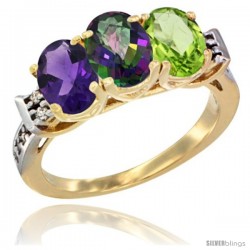 10K Yellow Gold Natural Amethyst, Mystic Topaz & Peridot Ring 3-Stone Oval 7x5 mm Diamond Accent