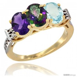 10K Yellow Gold Natural Amethyst, Mystic Topaz & Aquamarine Ring 3-Stone Oval 7x5 mm Diamond Accent