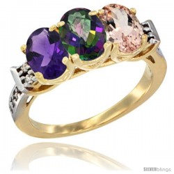 10K Yellow Gold Natural Amethyst, Mystic Topaz & Morganite Ring 3-Stone Oval 7x5 mm Diamond Accent