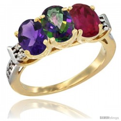 10K Yellow Gold Natural Amethyst, Mystic Topaz & Ruby Ring 3-Stone Oval 7x5 mm Diamond Accent