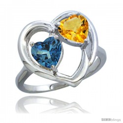 14k White Gold 2-Stone Heart Ring 6mm Natural London Blue Topaz & Citrine Diamond Accent