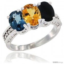 14K White Gold Natural London Blue Topaz, Citrine & Black Onyx Ring 3-Stone 7x5 mm Oval Diamond Accent