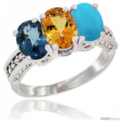 14K White Gold Natural London Blue Topaz, Citrine & Turquoise Ring 3-Stone 7x5 mm Oval Diamond Accent