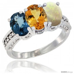 14K White Gold Natural London Blue Topaz, Citrine & Opal Ring 3-Stone 7x5 mm Oval Diamond Accent