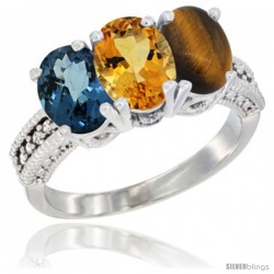 14K White Gold Natural London Blue Topaz, Citrine & Tiger Eye Ring 3-Stone 7x5 mm Oval Diamond Accent