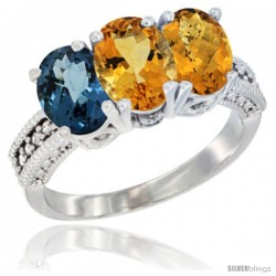 14K White Gold Natural London Blue Topaz, Citrine & Whisky Quartz Ring 3-Stone 7x5 mm Oval Diamond Accent