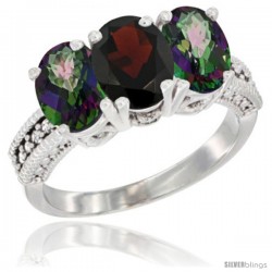 10K White Gold Natural Garnet & Mystic Topaz Sides Ring 3-Stone Oval 7x5 mm Diamond Accent