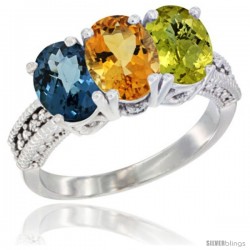 14K White Gold Natural London Blue Topaz, Citrine & Lemon Quartz Ring 3-Stone 7x5 mm Oval Diamond Accent