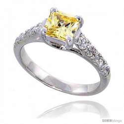 Sterling Silver Vintage Style Engagement ring, w/ a 6mm (1.25 ct) Princess Cut Yellow Topaz-colored CZ Stone, 1/4" (7 mm) wide