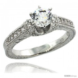 Sterling Silver Vintage Style Solitaire Engagement Ring w/ Brilliant Cut CZ Stones, 3/16 in. (5 mm) wide