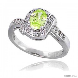 Sterling Silver Vintage Style Engagement ring, w/ a 7 x 5 mm (.75 ct) Oval Cut Light Peridot-colored CZ Stone, 7/16" (11 mm)