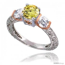 Sterling Silver Vintage Style Engagement ring, w/ two Clear 5mm (.5 ct) & one Yellow Topaz-colored 6mm (.75 ct) Round CZ