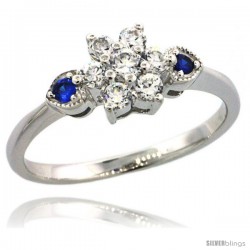 Sterling Silver Flower Engagement Ring w/ Brilliant Cut Clear & Blue Sapphire Color CZ Stones, 1/4 in. (7 mm) wide