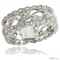 Sterling Silver Leaf Vine Cut Out Ring w/ Brilliant Cut CZ Stones, 5/16 in. (8 mm) wide