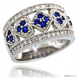 Sterling Silver Multi-Heart Dome Ring w/ Brilliant Cut Clear & Blue Sapphire Color CZ Stones, 1/2 in. (12 mm) wide