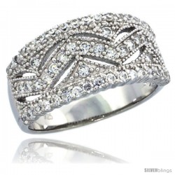 Sterling Silver Wave Pattern Ring Band w/ Brilliant Cut CZ Stones, 3/8 in. (10 mm) wide