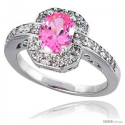 Sterling Silver Vintage Style Engagement ring, w/ an 8 x 6 mm (1.25 ct) Oval Cut Pink-colored CZ Stone, 1/2" (12 mm) wide