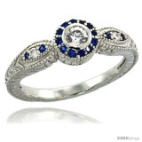 Sterling Silver Vintage Style Engagement Ring w/ Brilliant Cut Clear & Blue Sapphire Color CZ Stones, 1/4 in. (6.5 mm) wide