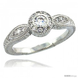 Sterling Silver Vintage Style Engagement Ring w/ Brilliant Cut CZ Stones, 1/4 in. (7 mm) wide