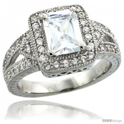 Sterling Silver Vintage Style Rectangular Engagement Ring w/ (8x6 mm) Emerald Cut & Brilliant Cut CZ Stones, 1/2 in. (12 mm)