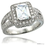 Sterling Silver Vintage Style Rectangular Engagement Ring w/ (8x6 mm) Emerald Cut & Brilliant Cut CZ Stones, 1/2 in. (12 mm)