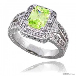 Sterling Silver Vintage Style Engagement ring, w/ an 8 x 6 mm (1.5 ct) Emerald Cut Light Peridot-colored CZ Stone, 1/2" (12 mm)