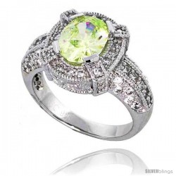 Sterling Silver Vintage Style Engagement ring, w/ a 9 x 7 mm (2.0 ct) Oval Cut Light Peridot-colored CZ Stone, 9/16" (14 mm)