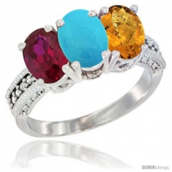 14K White Gold Natural Ruby, Turquoise & Whisky Quartz Ring 3-Stone Oval 7x5 mm Diamond Accent