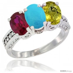 14K White Gold Natural Ruby, Turquoise & Lemon Quartz Ring 3-Stone Oval 7x5 mm Diamond Accent