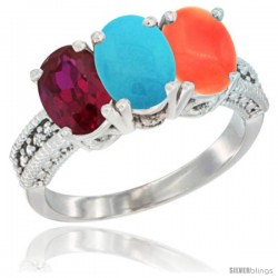 14K White Gold Natural Ruby, Turquoise & Coral Ring 3-Stone Oval 7x5 mm Diamond Accent