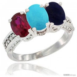 14K White Gold Natural Ruby, Turquoise & Lapis Ring 3-Stone Oval 7x5 mm Diamond Accent